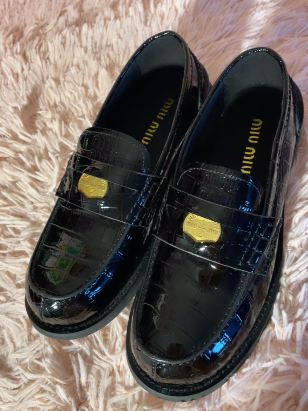 Miu Miu Black Patent Croc-Embossed Penny Loafers with Gold Plaque